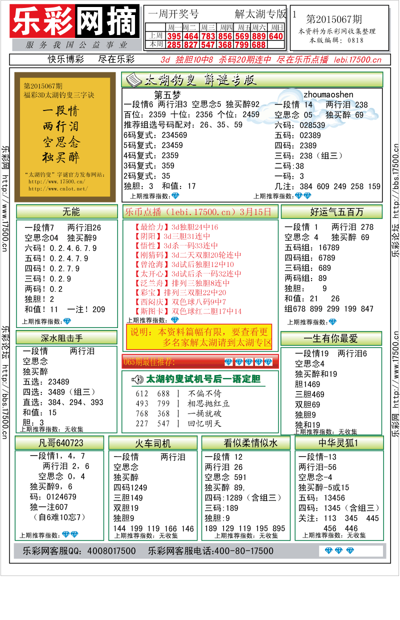 乐彩网摘_福彩3D2015067期★字谜总汇★解太湖★预测版