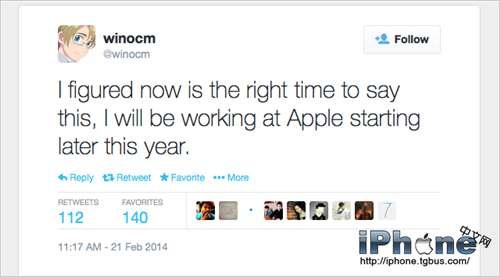 越狱黑客Winocm发推宣布入职苹果下半年动工