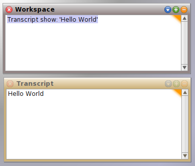 Squeak transcript showing the result of Transcript show: 'Hello World'