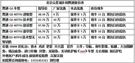 q5奥迪报价?q7奥迪报价2016款价格?汽车奥迪q5多少钱?奥迪Q5最新报价北京曝光全国最低价销售