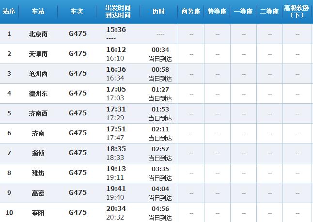 北京南到荣成G475次列车时刻表