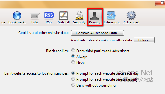 “隐私”选项卡